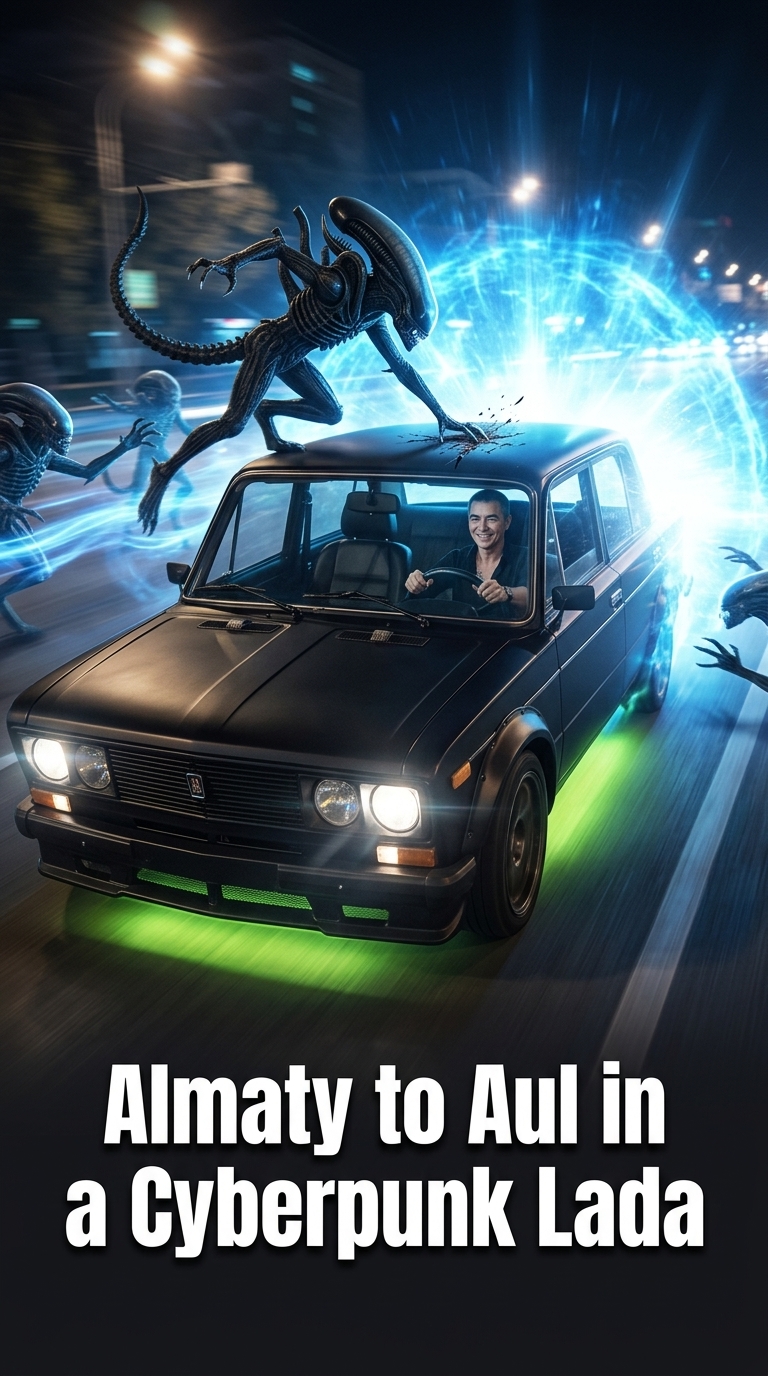 Almaty to Aul in a Cyberpunk Lada